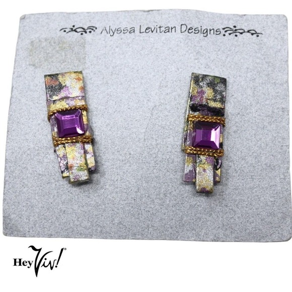 Vintage 1990s Alyssa Levitan Purple Handcrafted Origami Pierced Earrings on Card - Picture 1 of 4